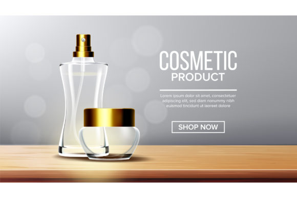 Cosmetic Glass Banner Vector. Bottle.